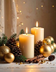 Warm candles surrounded by golden ornaments and pine