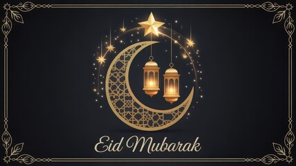Golden crescent moon star and lanterns celebrate the islamic festival of eid mubarak high quality professional
