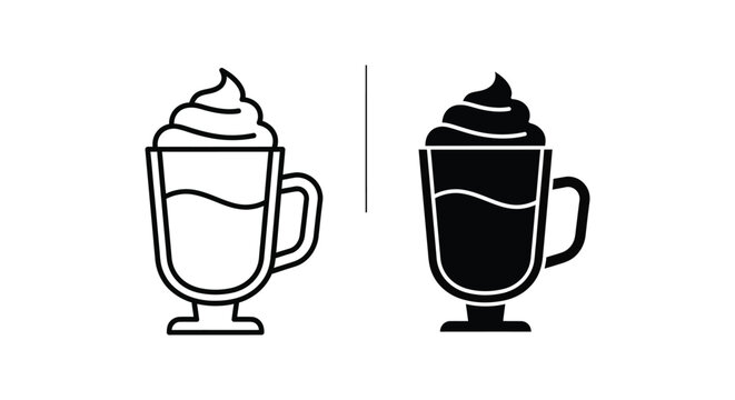 Minimalist coffee latte icons featuring a glass mug with whipped cream topping in outline and solid silhouette styles for cafe branding and menu design