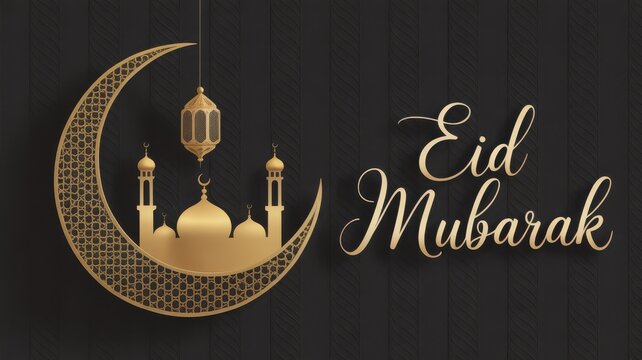 Golden crescent moon mosque and lantern with Eid Mubarak calligraphy on a dark background high quality