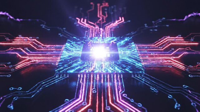Abstract visualization of an AI agent represented as a glowing neon box, connected through luminous lines to multiple digital icons and nodes.
