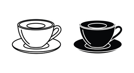 Obraz premium Minimalist coffee and tea cup icons with saucers featuring outline and solid black silhouette styles for cafe branding, restaurant menus, and beverage design projects