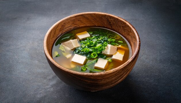 Savory Miso Soup With Tofu And Greens In A Wooden Bowl