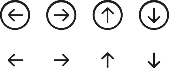 Set of Black Arrows in Circles and Plain Lines on a White Background