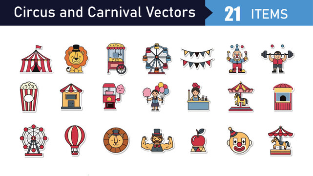 Circus and Carnival Vectors 21 items. Includes tent, lion, popcorn, ferris wheel, clown, strongman, and carousel symbols. Created in outline style with red, yellow, and blue palette.