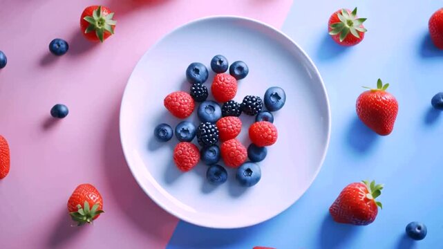 Vibrant fresh berries on white plate blueberries, raspberries, blackberries. Scattered strawberries on pink and blue background. Healthy, colorful fruit composition
