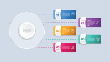 5 points infographic with glossy gradient style with big circle left with round rectangle unbalance structure with dotted line connection with five segment information