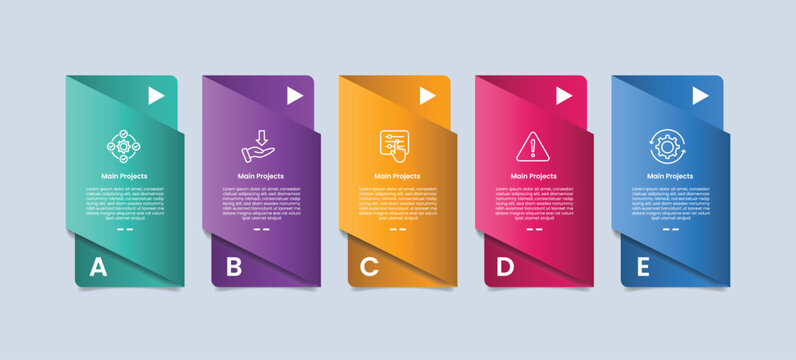 5 points infographic with glossy gradient style with creative vertical box with folding paper style with skew tilt area with five segment information