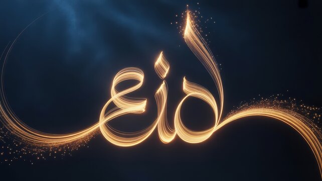 Golden eid calligraphy with flowing lines and sparkling particles against a dark blue background high quality
