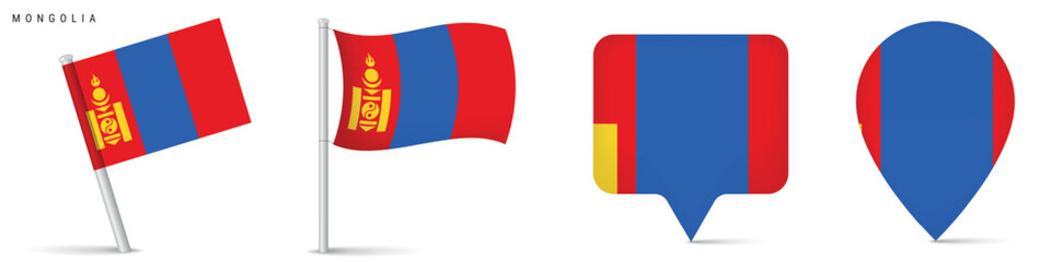 Fototapeta premium Mongolia national flag icons including waving flag and map marker symbols. East Asian country emblem isolated on white background for geography and travel design.