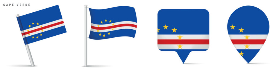Cape Verde national flag icons featuring waving flag and map marker shapes. Atlantic island country symbol isolated on white background for geography and travel use.