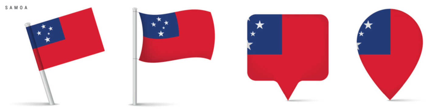 Samoa national flag icon set featuring waving flag and map marker symbols. Pacific island country emblem isolated on white background for geography and travel projects.