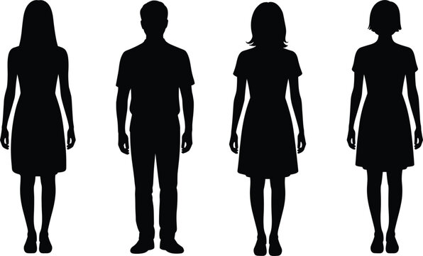 Silhouettes of two women and two men standing in full view on a white background Keywords: people, human, man, male, woman