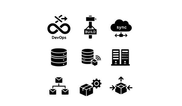 Modern DevOps Glyph Solid Icon Series with Build Deployment and Process Symbols