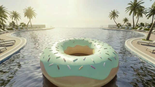 Mint green inflatable donut pool palm tree sunlight tropical summer vacation relaxation water outdoor leisure travel holiday resort paradise