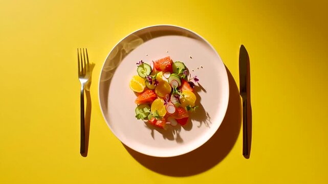 A vibrant and healthy fresh fruit and vegetable salad presented on a white plate with cutlery, artfully arranged on a bright yellow background for a visually appealing food display