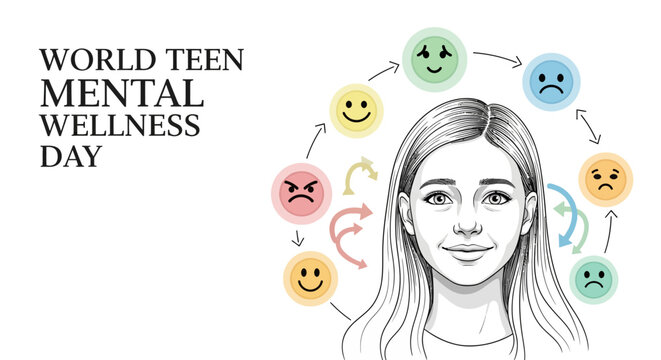 Illustration of a teen girl surrounded by colorful smiley faces for World Teen Mental Wellness Day with a mix of emotions.