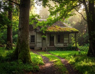 Fototapeta premium Enchanting Forest Cottage - A Serene Haven Nestled Amidst Lush Greenery and Sunlight.