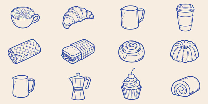 Hand drawn bakery and coffee icon set vector illustration with croissant cupcake cake coffee cup moka pot and pastry line art collection minimal outline food symbols isolated on beige background