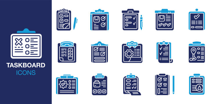 Taskboard icon set. Containing project, management, productivity, schedule, timeline and more. Solid vector icons collection. Vector illustration.