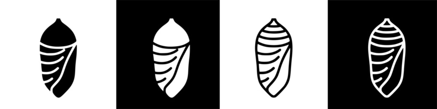 Cocon inspired illustration of white silhouetted cocoons on black background, simple design, high contrast visual
