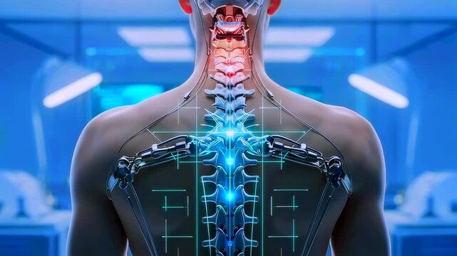 spinal implant calibration in clinical lab, illuminated vertebrae and neural mapping overlay on patient back, sterile blue environment, technicians adjusting electrodes and connectors,