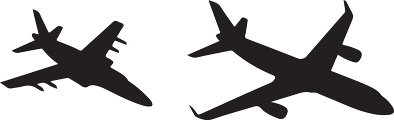 Black silhouettes of two airplanes flying on white background
