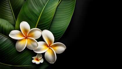 Tropical Plumeria Flowers And Green Leaves On Black Background