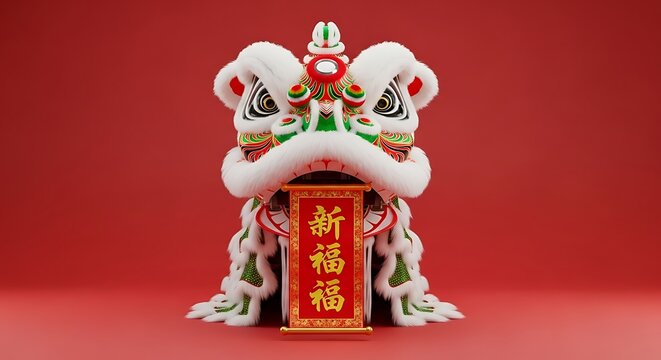 Vibrant white and green lion dance mask featuring an auspicious red scroll with gold calligraphy on a festive red background, symbolizing prosperity for the Lunar New Year.