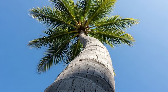 A striking perspective looking up the textured trunk of a leaning coconut palm tree toward its green fronds, set against a brilliant, cloudless blue sky.