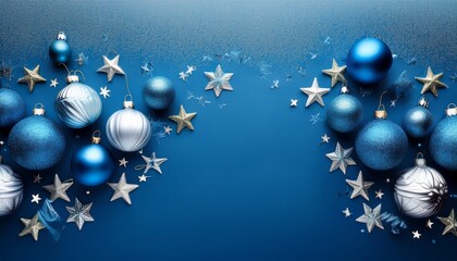 Blue Christmas Background With Baubles And Stars