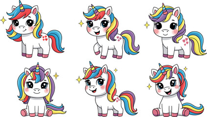 Cute kawaii unicorn characters set with rainbow mane and tail, adorable cartoon fantasy ponies isolated vector illustration for kids stickers games and nursery design © SreemotiArponaBala
