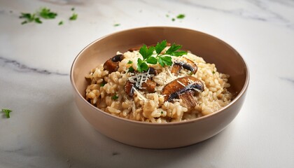 Wild Mushroom Risotto With Parmesan And Parsley In A Shallow Bowl On A Marble Surface Creamy Texture Warm Tones