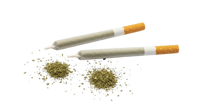 marijuana cigarettes and weed piles on white background  closeup transparent background