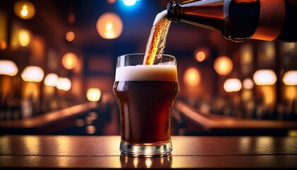 Pouring Dark Beer Into A Glass Foamy Top Blurred Pub Background