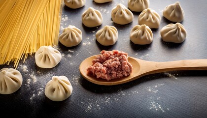 Uncooked Turkish Dumplings Filled With Minced Meat On Wooden Spoon And Dry Pasta Background