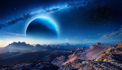 Majestic Alien Landscape With Rocky Terrain And Blue Planet Rising In The Night Sky Breathtaking Extraterrestrial World With Mountains Glowing Craters And Starry Cosmic Horizon