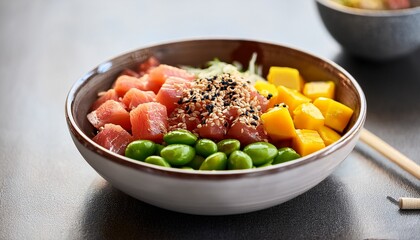 Fresh Poke Bowl With Tuna Mango Edamame And Sesame Served In Ceramic Bowl On Clean Restaurant Table With Soft Daylight