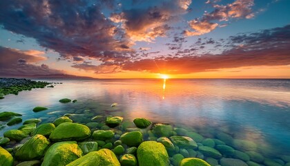 A Serene Sunset Scene Over Calm Waters Featuring Vibrant Hues Green Pebbles And Fluffy Orange Clouds