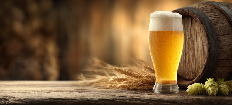 Golden beer glass with foam on wooden table near barrel and hop with wheat, warm rustic background creating cozy atmosphere