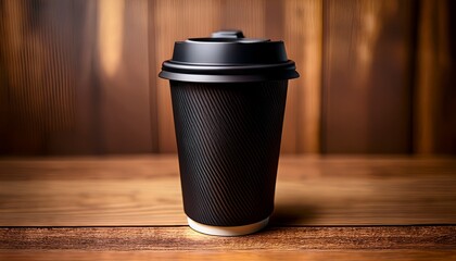 A Black Coffee Cup With A Lid On A Brown Wooden Background Possibly For Hot Beverages