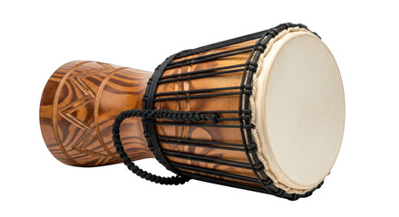 traditional african djembe drum with wooden body and animal skin head transparent background