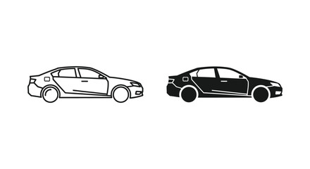 Obraz premium Minimalist modern sedan car icons in outline and solid silhouette styles for automotive design and mobile app interfaces
