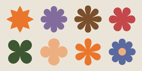 Obraz premium Flower Geometric Abstract Symbols, Colorful Brutalism Style Decorative Patterns Isolated in Vector Format for Contemporary Graphic Design, Branding, and Artistic Applications.