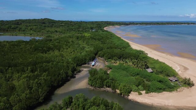Drone footage of a sandy beach at low tide, with a mangrove forest and a river winding through to the ocean in Carles, Iloilo, highlighting natural coastal ecosystems in the Philippines.