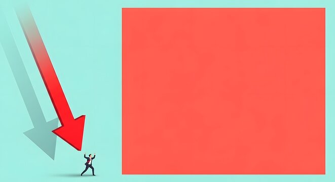 Man stands below red downward arrow indicating decline and economic downturn