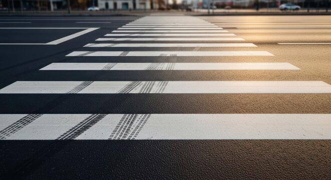 Golden hour pedestrian crosswalk with tire tracks on asphalt