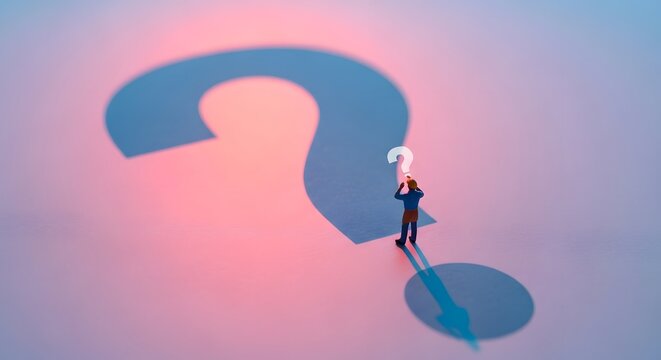 Miniature figure holding question mark shadow over colorful background
