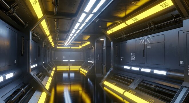 Futuristic spaceship corridor with yellow lights and metallic walls