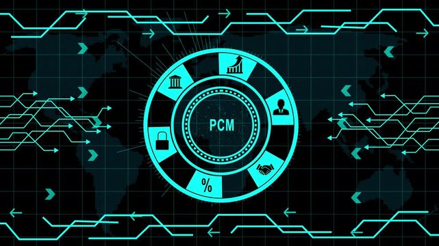 PCM business concept infographic with icons and with gears on dark blue background technology